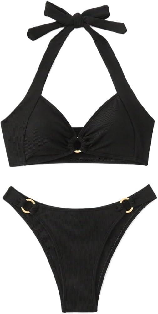 Women Swimsuit Women's Summer Beach Solid Color Neck Sexy Bikini Set Sexy Two Piece, Size XL