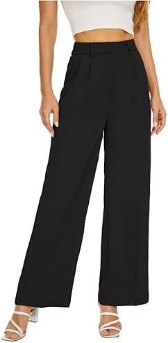 KICZOY Women Wide Leg High Waist Wide Leg Pants Loose Fit Back Elastic Waist Pleated Front Trousers for Work Casual, XL