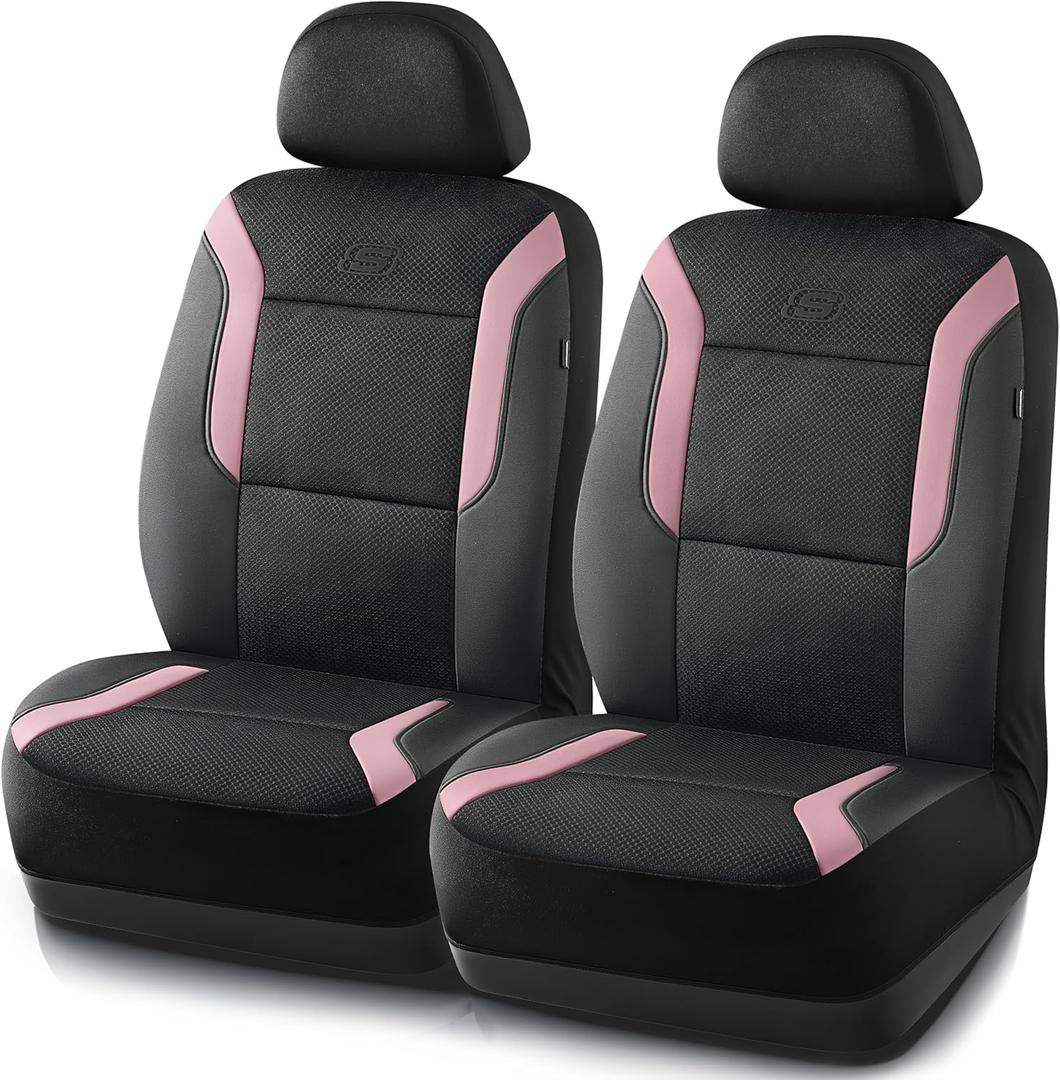 Skechers Memory Foam Car Seat Covers, Air Cool Mesh Thick Seat Covers, Car Seat Covers Front Seats Airbag Compatible, Automotive Comfort Protection for Most Cars, Vans, Trucks, SUVs, Black/Pink