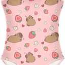 KUEJOP Girls One Piece Swimsuits Capybara with Cute Strawberry Cute Swimwear Bathing Suits 9-10T