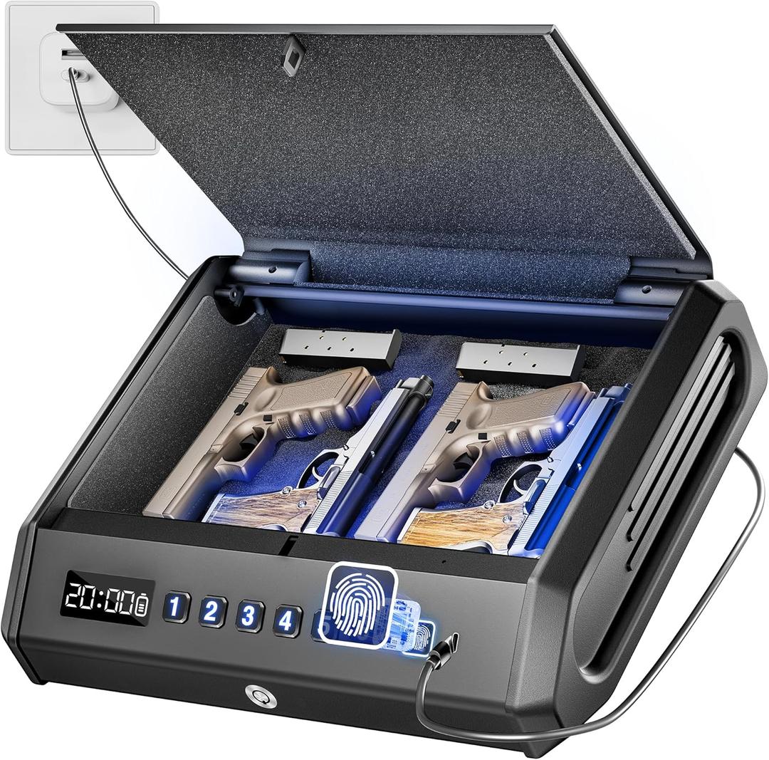 Large Biometric Gun Safe fits 4 pistols, 100 Sets of Fingerprint Handgun Safe with Internal Light & Silent Mode, Gun Lock Box for Home Bedroom Bedside Nightstand and Car, Rechargeable, TOPMEDA