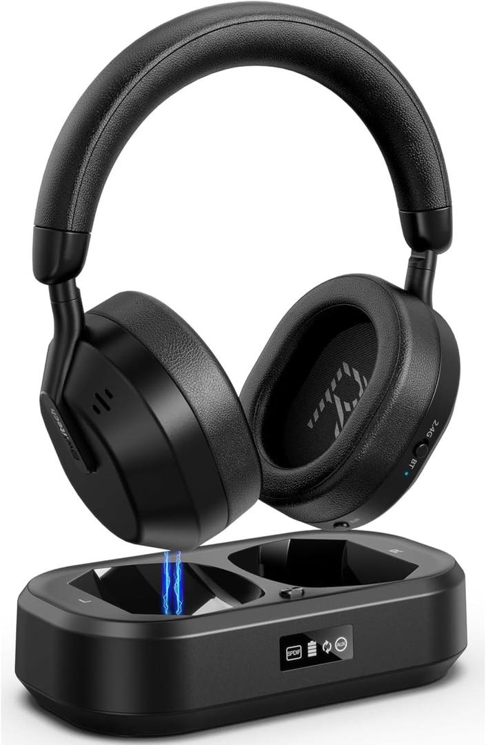 Swiitech Wireless Headphones for TV with LED Display, TV Headphones Wireless for Seniors with Transmitter Charging Base, No Audio Delay Bluetooth V5.3, Plug and Play, Gift for Seniors/Hearing Impaired (Black)
