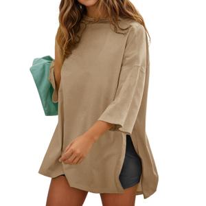 Fisoew Womens Oversized T Shirts Casual 3/4 Sleeve Side Slit Workout Gym Loose Fit Summer Tee Tunic Tops Apricot (Beige, S)