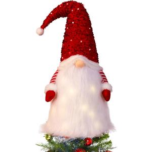 Unique Elf Christmas Tree Topper - Lighted Gnome with Red Sequin Hat, Sitting on Tree Topper for Christmas Decorations, Home Office, Party, Table, Shelf