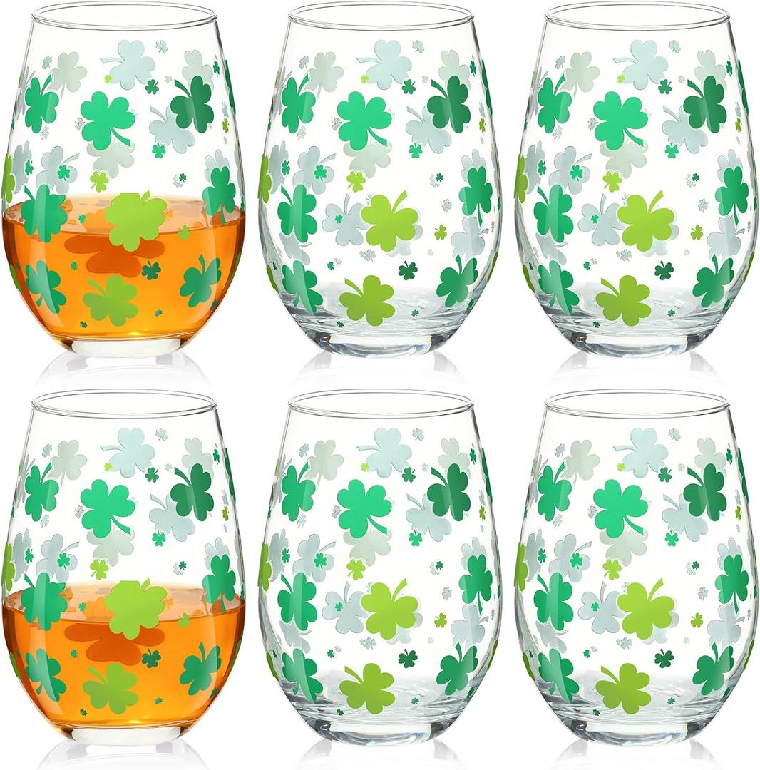Maxcheck 6 Pack 18 oz St Patrick's Day Wine Glasses Green Shamrock Drinking Stemless Cup Red and White Wine Tumbler for Homes and Bars for Party Supplies Gifts