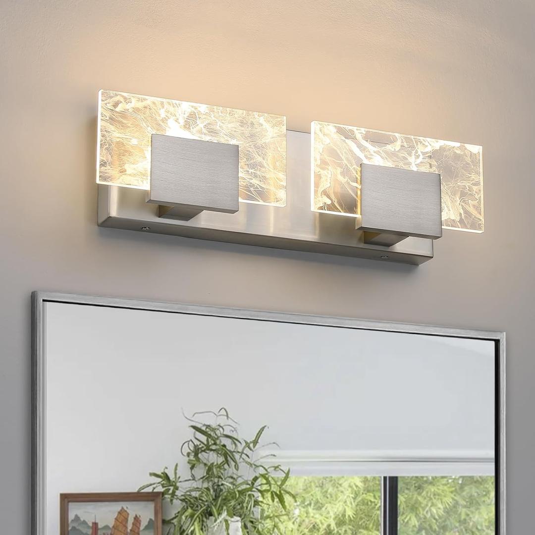 LED Bathroom Vanity Light: 16 Inch Brushed Nickel Acrylic Modern Lighting Fixtures - 2-Lights Contemporary Smoke Design Wall Lights Fixture Over Mirror 3000K