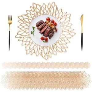 G-Lanthy 24 Pack Gold Placemats & Coasters, 15 inch Gold Vinyl Placemats, Round BulksTable Mats, Round Leaf Design Chargers Dining Table Settings for Christmas,Thanksgiving,Wedding Table Decoration, Coasters (Set of 8)