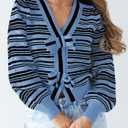 Saodimallsu Womens Striped Cropped Sweaters V Neck Cute Bow Tie Puff Sleeve Loose Knit Trendy Pullover Sweater (Medium, Blue)