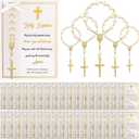 Quelay 50 Sets Rosary Baptism Favors Mini Acrylic Rosary Finger Rosaries Gold Bead Faux Pearls with Cards and Bags Recuerdo De Boda Y Bautizo for Christening Party Favor(Baptism)