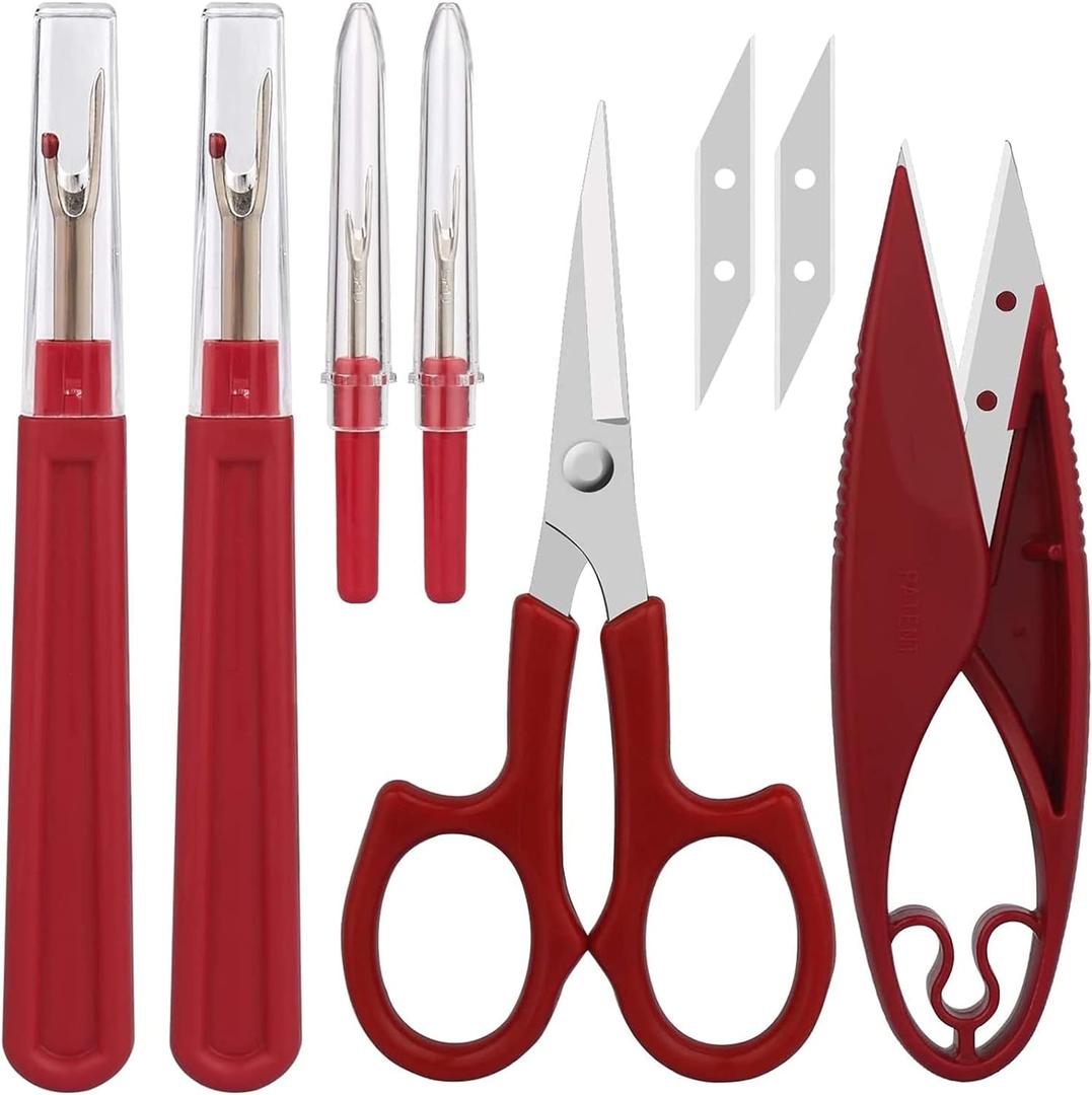 Sewing Seam Ripper Tool,Stitch Remover and Thread Cutter with 2Big+2Small Seam Rippers,1 Pack Thread Snips,1Pack 5Scissor (Red)