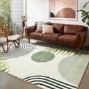 RoomTalks Mid Century Modern Washable Rug Stain Resistant, Boho Cute Aesthetic 9x12 Area Rugs for Bedroom Dining Living Room Office, Green Abstract Tropical Leaves Indoor Rug Plant Botanical Carpet