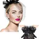 Geyoga 50s Fascinator Hat for Women Funeral Veil Hat Pillbox Cocktail Tea Party Headpiece and Lace Glove (Rhinestone Black)