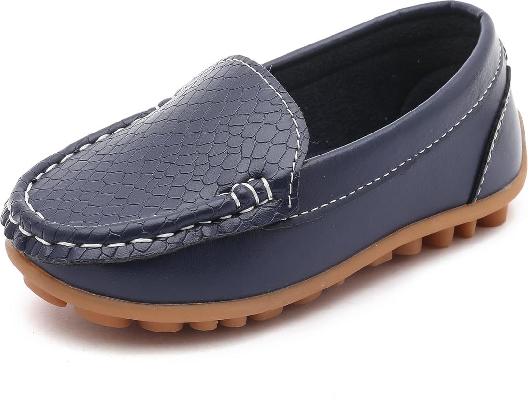LONSOEN Toddler Little Kid Boys Girls Soft Slip On Loafers Dress Flat Shoes (Deep Blue)