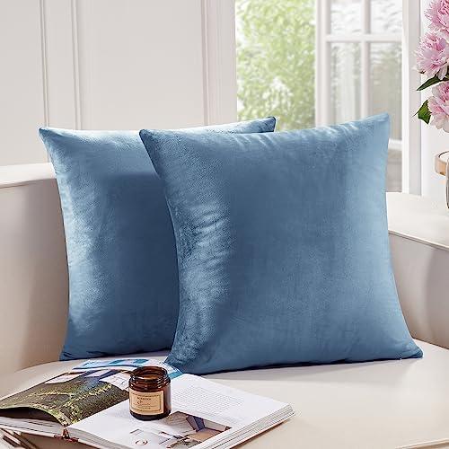 Deconovo Velvet Throw Pillow Covers 2x2 F Decorative Couch Pillow Covers for Living Room, Set of 2, Stone Blue