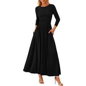 PRETTYGARDEN Women's 2025 Fashion Trendy Fall Long Sleeve Dresses Ruched Flowy Elegant Modest Boho Casual Beach Maxi Dress (Black,X-Large)