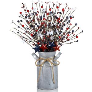 Frienda 3 Pcs 4th of July Patriotic Berry Table Artificial Tree with 1 Pcs Base, 250th Independence Day Anniversary Berry and Star Table Tree Red White Blue Branches Decor for Farmhouse Centerpiece