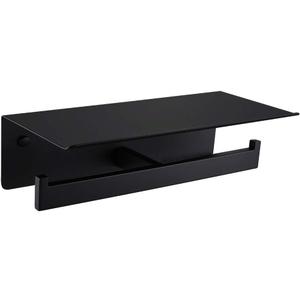 APLusee Matte Black Double Toilet Paper Holder with Shelf, 304 Stainless Steel Bathroom Tissue Roll Holder, Commercial Paper Dispenser Wall Mounted