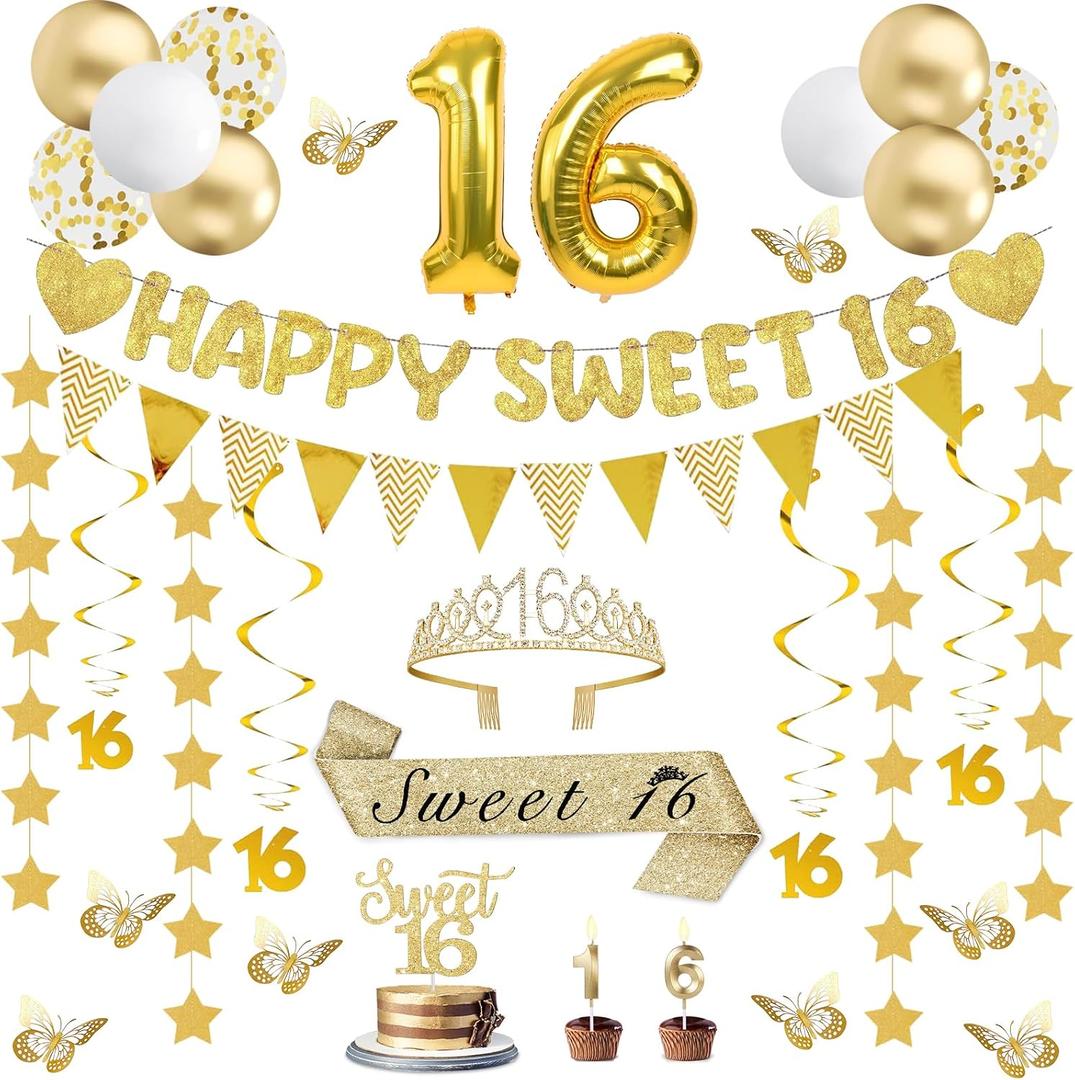 32Pcs Sweet 16 Party Decorations with Banners, Hanging Swirls,Star Garland, Butterfly,Sweet 16 Sash and Tiara,Cake Toper Candles,Balloons, 16th Birthday Decorations for Girls Gold White