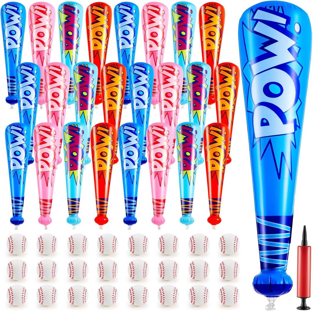 Seematn 24 Sets Inflatable Baseball Bats and Baseballs Set Includes 17 Inch Pow Inflatable Baseball Bats and 2.5 Inch Mini Foam Baseballs for Sports Party Favor Carnival Birthday (Candy Colors)