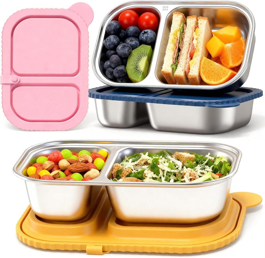 Cmonie 2-Compartment 14.5oz Stainless Steel Snack Containers, Reusable Snack Containers with Silicone Lids Food Storage Bento Box for Snacks, Fruits (3Pack-Yellow&Pink&Blue)
