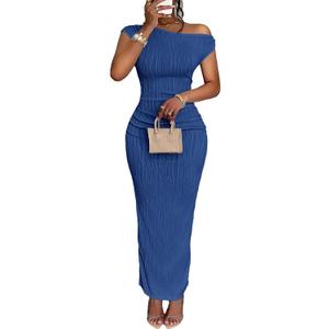 Narecte Summer Dresses for Women One Shoulder Bodycon Sexy Club Dress Elegant Formal Dresses Maxi Dress (Blue, M)
