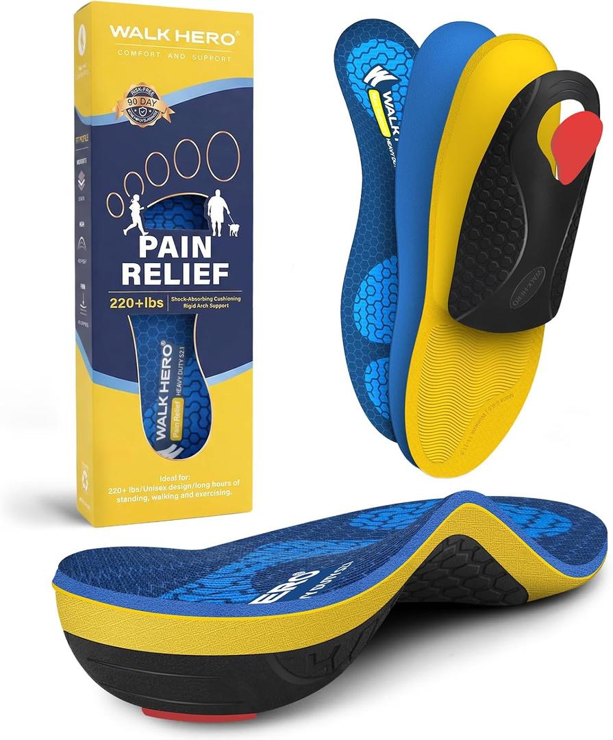 WalkHero Heavy Duty Plantar Fasciitis Orthotics Insoles, 220+lbs Arch Support Inserts for Pain Relief, Flat Feet Inserts with Shock Absorption (Mens 11-11.5 | Womens 13-13.5, Glacial Blue)