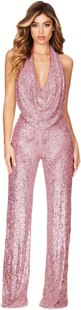 Aelidiya Sequin Jumpsuits Halter Cowl Neck Backless Romper Shiny Overalls Pants Pink, S
