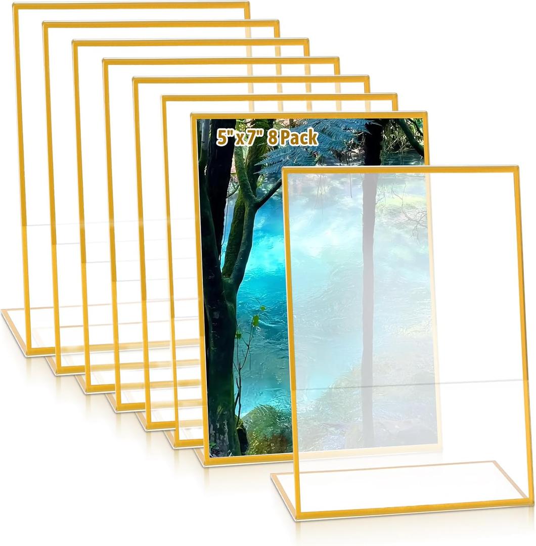 8 Pack 5" x 7" Acrylic Gold Frame, Slanted Back Gold Picture Frames Self-Standing Table Sign Holder for Wedding Table Numbers Restaurant Menu Signs Photos and Art Display