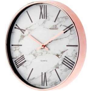 mDesign Modern Stylish Wall Clock for The Office, Bedroom, Kitchen, Bathroom, 11.5 Inch Diameter - Rose Gold Frame and Hands, Large Black Numbers on a Marble Background with a Clear Glass Cover