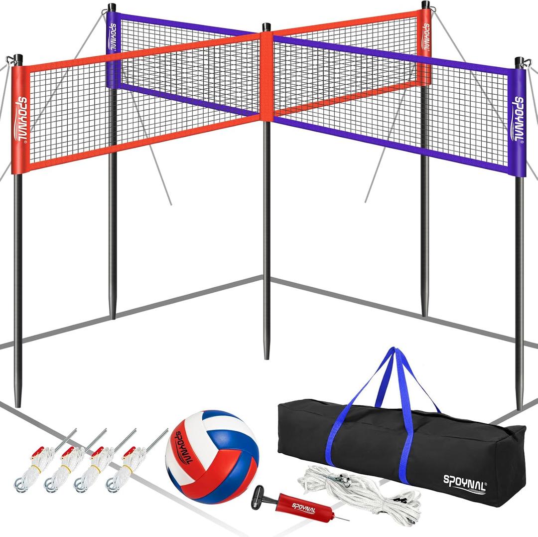 SPOYNAL 14FT 4 Way Volleyball Net Set, 4 Square Volleyball Game Set with Adjustable Height 7/5.3/3.5 FT, Outdoor Games for Backyard, Beach, Park with Volleyball & Carry Bag