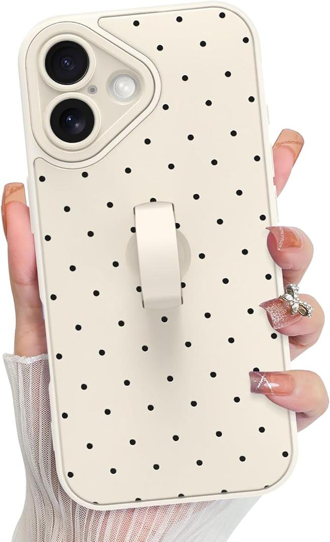 KANGHAR Compatible with iPhone 17 Case 2025, Silicone Spot Cute Pattern, Wristband Kickstand Camera Protection Soft Slim Cover for Girls Women -White
