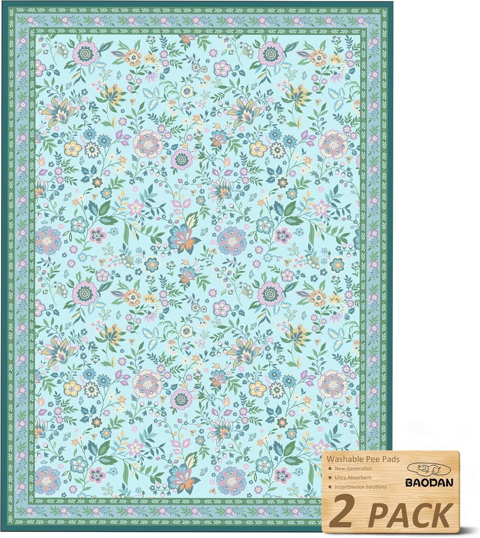 Baodan Washable Pee Pads for Dogs, 2 Pack Super Absorbent Reusable Puppy Pads with Colorful Flowers Patterns for Potty Training, Floor, Couch, Bed, and Crate, 18"x 24"