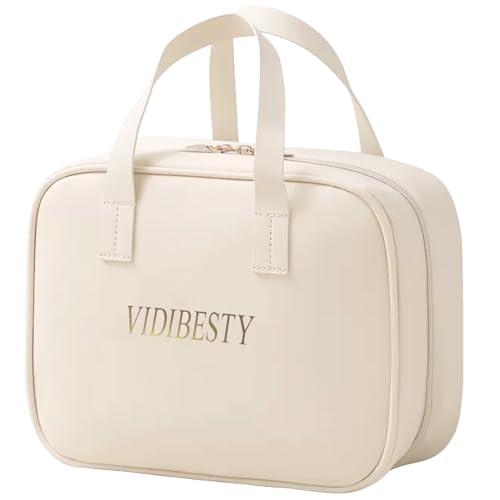 VIDIBESTY Travel Makeup Bag Skin-feel Leather, Large Capacity Cosmetic case for Women, Waterproof Portable Make up Organizer with Divider and Handle for Toiletries, Beauty Essentials (Beige)