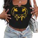 LovelyWholesale Graphic Crop Tops for Women Cropped Tank Tops V Neck Ribbed Shirts Black Smile X-Large (XS)