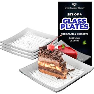 Tempered Glass Dessert Plates 6 Inch Elegant Square Appetizer Plates, Modern Serving Dishes for Snacks, Salads & Sweets, Durable, Microwave & Dishwasher Safe Set of 4, Silver Rain Flower