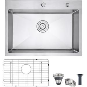 POPFLY 2718 inch Drop in Kitchen Sink, 18 Gauge Stainless Steel Single Bowl Large Sink, Top mount 9 Inch Deep Kitchen Sinks with 2 Holes, Brushed POPFLY 2718 inch Drop in Kitchen Sink, 18 Gauge Stainless Steel Single Bowl Large Sink, Top mount 9 Inch Deep Kitchen Sinks with 2 Holes, Brushed