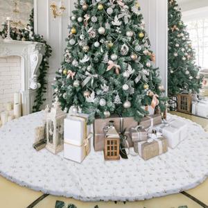 Libima 84 Inches Large Christmas Tree Skirt Faux Fur Xmas Tree Skirt White Plush Velvet with Gold Sequins Snowflakes for Xmas Decorations Merry Christmas Party Winter Home Holiday Ornaments