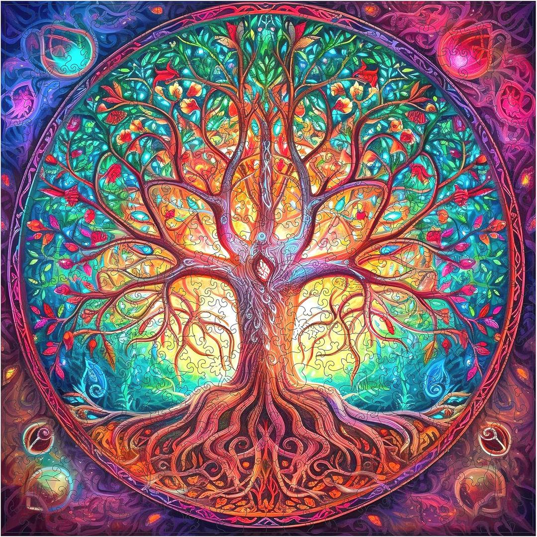 Mys Aurora Wooden Puzzles, Mandala Tree of Life 200 Piece Puzzles for Adults and Kids, Unique Shaped Animal Wooden Jigsaw Puzzle for Birthday Gift, Family Game 11.2 x 11.2 Inch