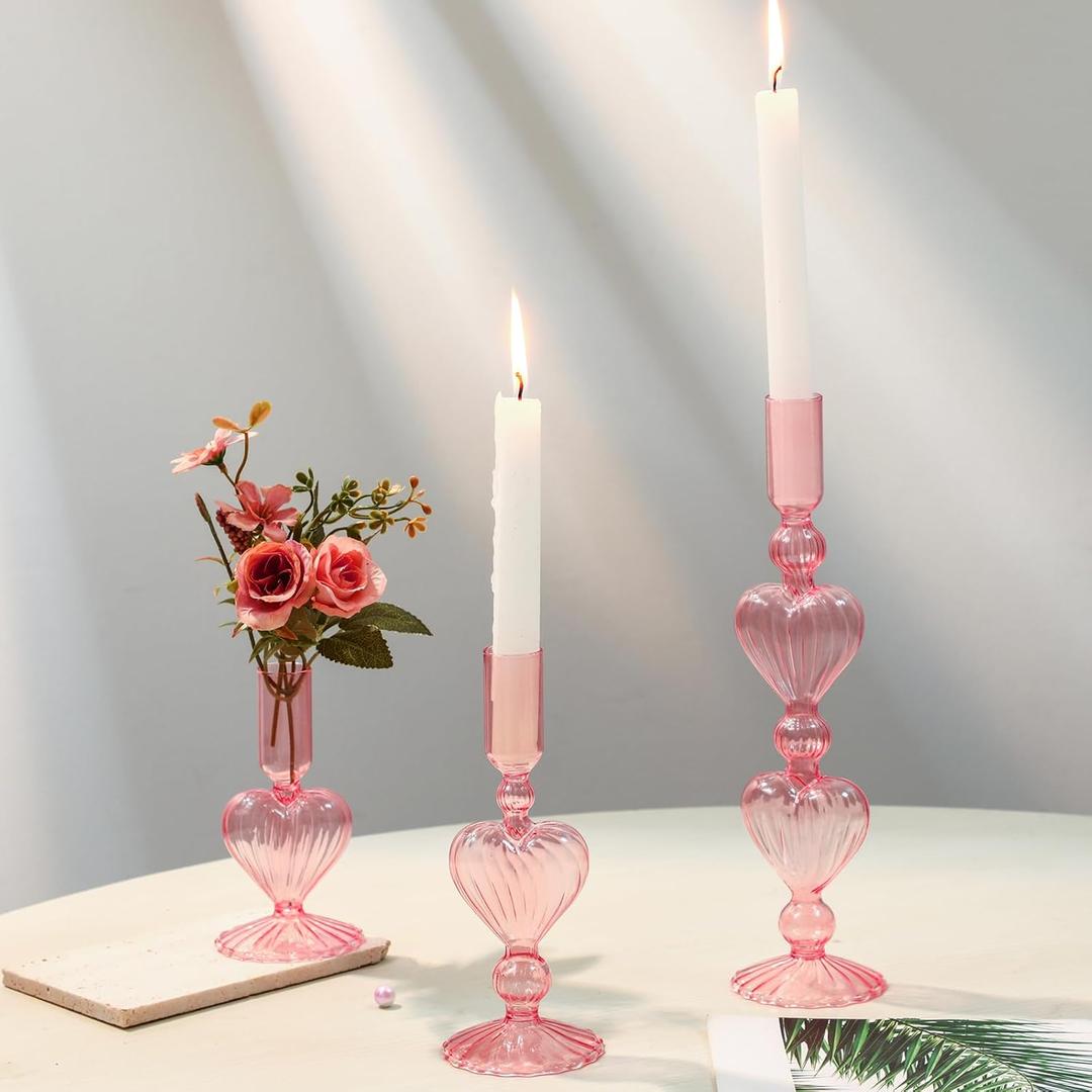 Mumufy 3 Pcs Valentine's Day Glass Candlestick Holders Heart Glass Taper Candle Holder Valentines Heart Candle Stick Vase Decor for Galentine's Day Wedding Festival Party Table Centerpiece(Pink)