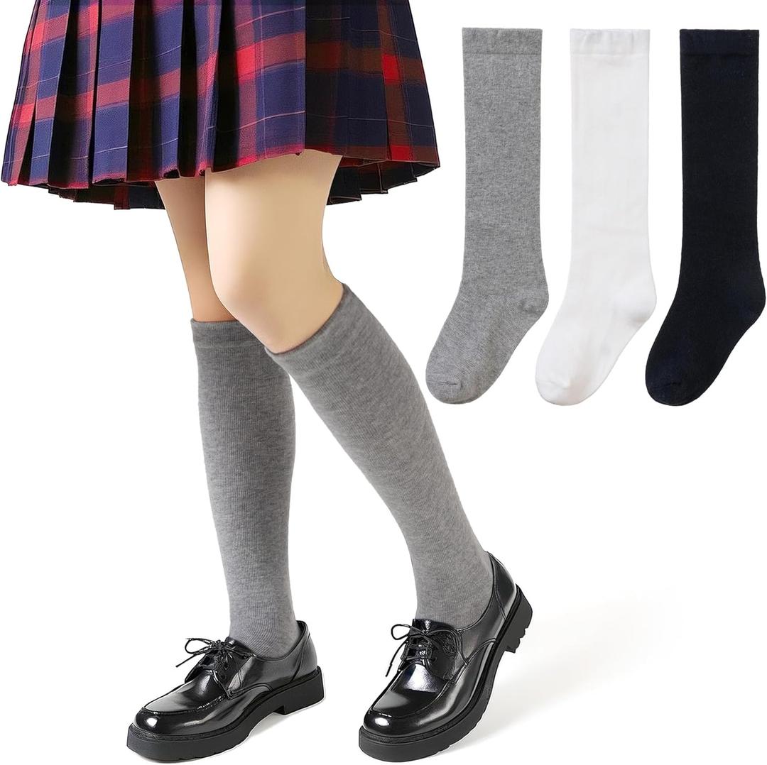 Kids Knee High Socks Boy Girls Cotton School Uniform Breathable Casual Sports Socks 3 Pairs (Black/White/Gray)