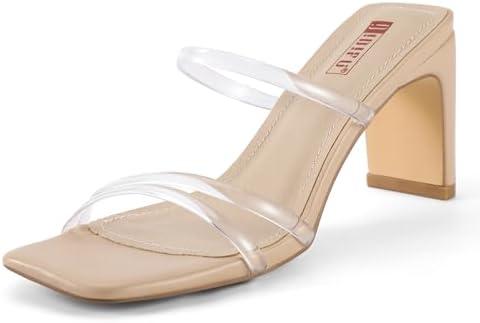 IDIFU Clear Heels Strappy High Chunky Block Square Open Toe Slip On Slide Heels Mules Wedding Bridal Prom Party Dress Shoes for Women Dressy Comfortable Cute Trendy Heeled Sandals(Clear Nude Pu, 6.5)