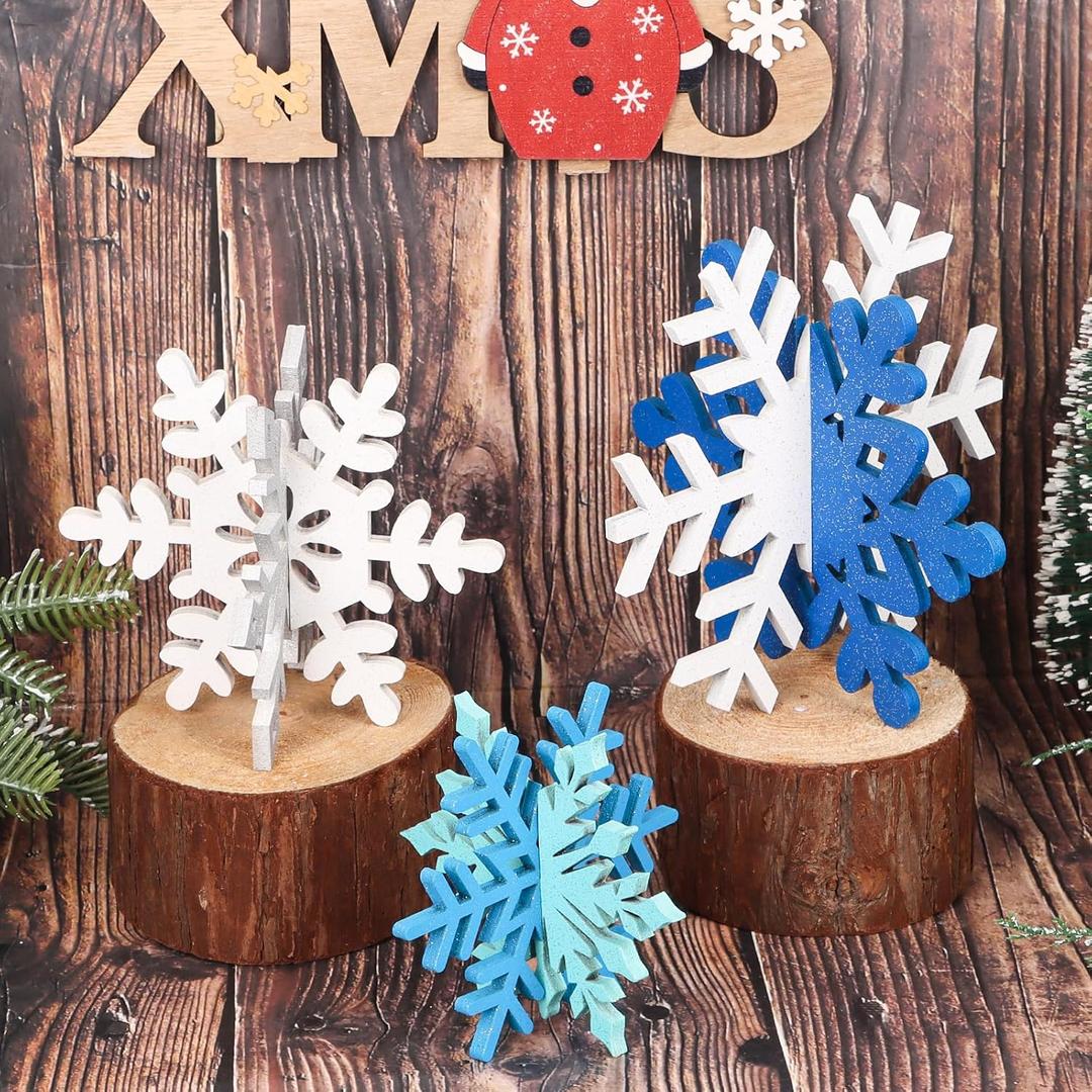 KIMOBER 6Pcs Winter Wooden Snowflake Decorations,Blue Silvery and White Glitter 3D Christmas Wood Snowflake Signs Tabletop Decor Tabletop Centerpiece for Home Xmas Party(Blue White Silvery)
