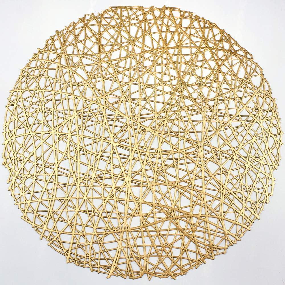 Gold Round Placemats for Dinner Table Set of 6 Metallic Hollow Out Line Circle Table Mats Vinyl Place Mats for Dinning Decor Wedding Accent Centerpiece