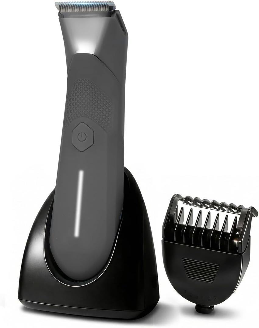 Body Trimmer for Men - Groin & Ball Shaver with Charging Dock - Constant Power No-Pull Electric Pubic Hair Clipper - 5-in-1 Guard Waterproof Body Groomer with LED Light, for Groin, Armpit & Body (Grey)