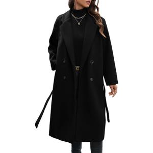 WOWULOVELY Women's Winter Double Breasted Wool Coat Long Sleeve Notched Collar Trench Long Oversized Button Down Overcoats (Large, Black)