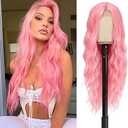 BUPPLER Cosplay Long Pink Wig 28 Inch Middle Part Synthetic Wig Realistic Gifts Party Wigs for Women Daily Use Colorful Wigs (Pink)