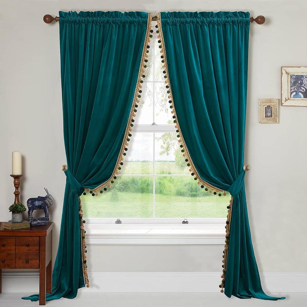 StangH Teal Pompom Velvet Curtains - Luxury Velvet Bedroom Room Darkening Window Decorative Drapes Thermal Insulated Privacy Curtains for Living Room, W52 x L84, 2 Panels & Tiebacks