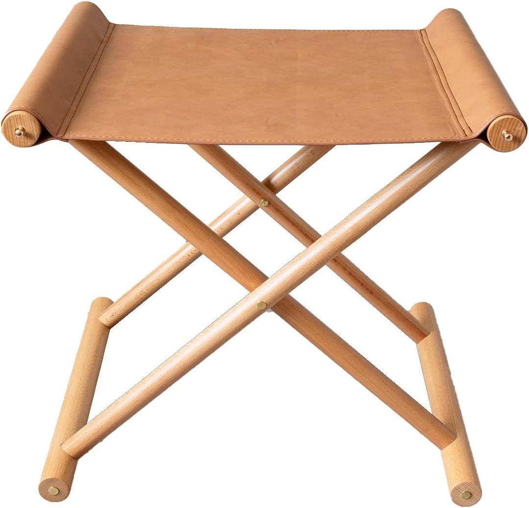 Vegan Soft Leather Solid Beech Wood Multipurpose Foldable Portable Foot Stool Vanity Stool or Freestanding Magazine Holder -Van Dyke Brown, Approx. 14-16" W x 12-14" D x 18-20" H