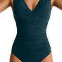 Women's One Piece Swimsuit Tummy Control Plung V-Neck Bathing Suit Wide Straps Swim Suit Wrap Swimwear (Large, Peacock Green)
