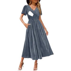 Women's Nursing Short Sleeve V Neck Velvet Maxi Dress Flowy Wedding Party Dresses with Pockets (Medium, Greyblue)